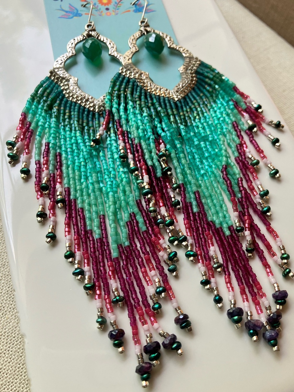 Arabesque Teal and wine pearl beaded fringe earrings